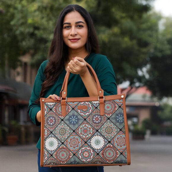 Hand Crafted Multicolour Printed Fabric Laptop Bag, Shoulder Satchel for Women - Picture 2 of 10